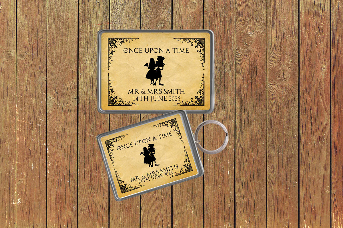 Alice and Mad Hatter Fairytale Wedding Keychain Keyring Magnets Favours Favors Personalized Personalised Custom Brithday Wedding Black