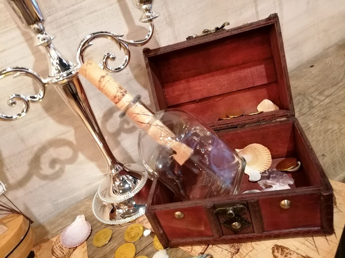 Little Mermaid Centrepiece Set with  Silver Candelabra with Knife, Fork, Spoon, Wooden Ship, Wooden Chest, Coins, Map, Bottle, Fork, Shells