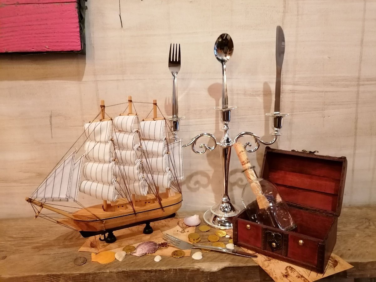 Little Mermaid Centrepiece Set with  Silver Candelabra with Knife, Fork, Spoon, Wooden Ship, Wooden Chest, Coins, Map, Bottle, Fork, Shells