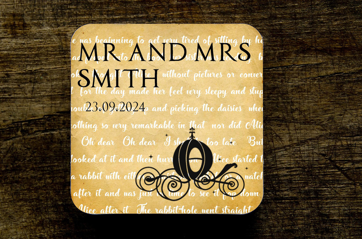 Cinderella Carriage Stroybook Wedding Coasters Favours Favors Personalized Personalised Engagement Anniversary Birthday Gift Present Black