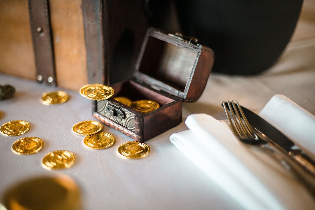 Peter Pan Pirates Treasure Chest Wedding Favors Favours Filled with Gold Coins Neverland Little Mermaid Fairytale Themed Wedding Baby Shower