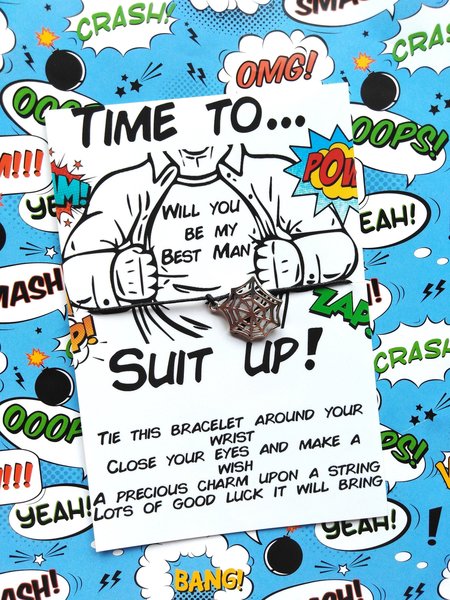 Time To Suit Up Bracelet Comic Book Will You Be My Best Man,Groomsman,Paige Boy Flower Girl, Usher, Bridesmaid, Comic Book Party Bags