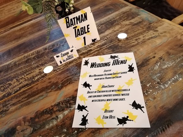 Superhero Wedding Menu,Table Name & Name Place Cards Superhero Comic Weddings, Parties, Comic Con, Events,Table Decorations,CUSTOM Name Card