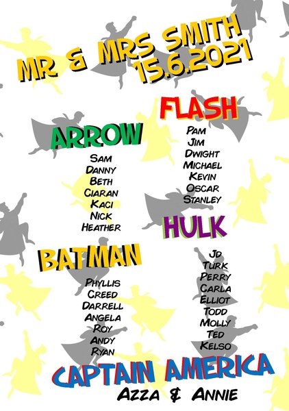 Comic Themed Wedding Table Plan Seating Chat Print Personalised Personalized! Superhero Wedding, Comic Book Table Decorations Flyers PDF